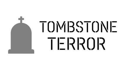 Tombstone Terror Logo: A stark grey tombstone silhouette stands beside bold, stencil-like lettering spelling TOMBSTONE TERROR. Evokes a sense of dread and the macabre. © MahfujaSultana