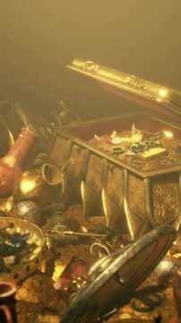 A treasure chest sits among a pile of gold coins and gemstones. The room is dim, creating a mysterious atmosphere. Various artifacts are scattered around the chest, hinting at past adventures.