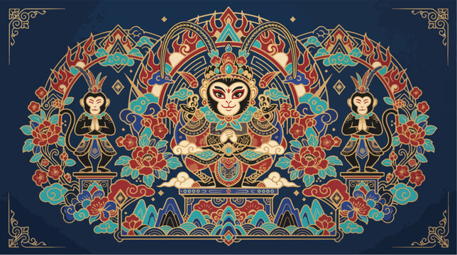 Elaborate vector illustration featuring the monkey king wukong surrounded by traditional decorative floral motifs and intricate ornate golden line patterns