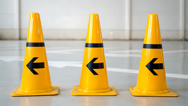 Three yellow traffic cones with left arrows for road direction. Safety barriers guiding vehicles during construction or detours.