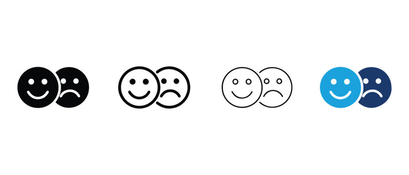 pairs of emoticon faces with different expressions on white background  smiling and frowning faces in various colors