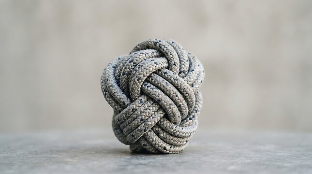 Monkey fist knot made of grey speckled rope sits on a smooth stone surface.