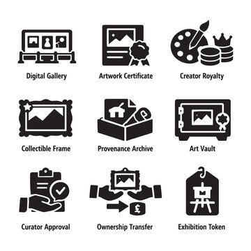 Nine icons representing digital art ownership and certification features collection