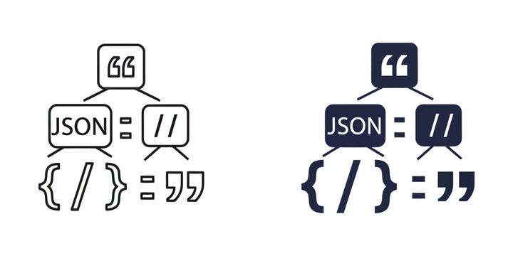 Json data format concept with quotation marks and code brackets in outline and solid black styles