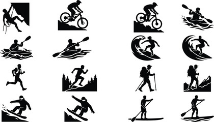 Fototapeta premium Adventure and extreme sports silhouette vector icons set for outdoor activity and active lifestyle branding
