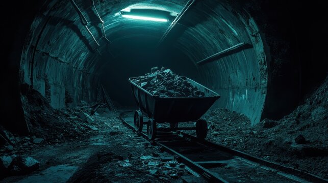 Mining cart filled with rubble in dark underground tunnel