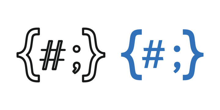 Programming syntax brackets with hash and semicolon symbols in outline and solid blue styles for software coding