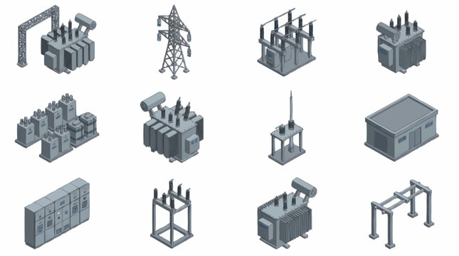Isometric collection of industrial power equipment and structures.