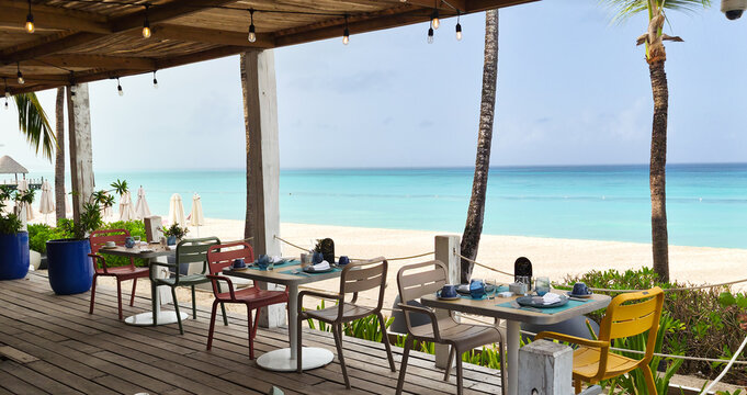 Cafe on Dominicus beach, and sky after rain. Dominican republic 