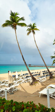 Dominicus beach after rain, white sand beach and dark sky. Dominican republic