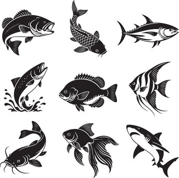 Fish Silhouette Vector Icon Set Collection with Freshwater and Saltwater Aquatic Species Symbols Isolated on White Background