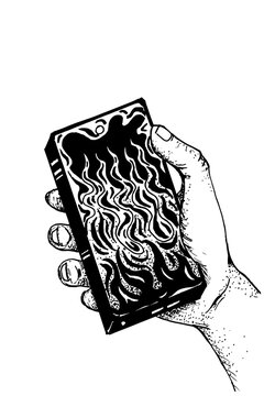 Ilustraci&oacute;n realista blanco y negro mano con un telefono celular en llamas