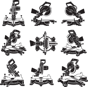 Compound Miter Saw Silhouette Vector Icon Set Collection with Woodworking Circular Power Cutting Machine Symbols Isolated on White Background