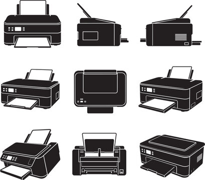 Printer and Multifunction All-in-One Silhouette Vector Icon Set Collection with Inkjet, Scanner, Copier, and Office Printing Machine Symbols Isolated on White Background