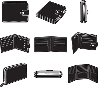 Wallet and Bifold Leather Wallet Silhouette Vector Icon Set Collection with Purse, Card Holder, Coin Wallet, and Money Case Symbols Isolated on White Background