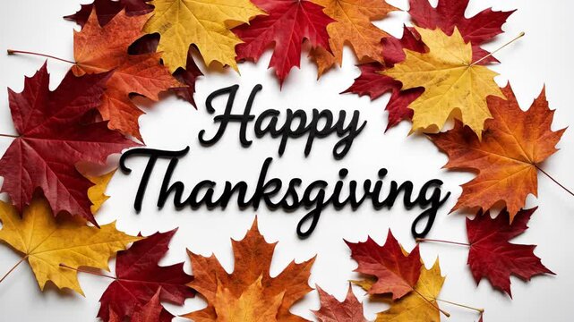 Happy Thanksgiving text with falling autumn leaves on white background