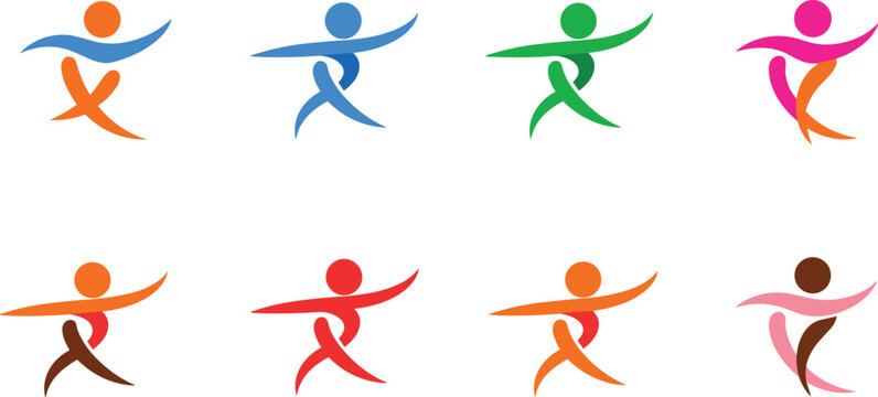 Abstract colorful human figures vector set representing teamwork success community health unity fitness leadership coaching and corporate identity logo design