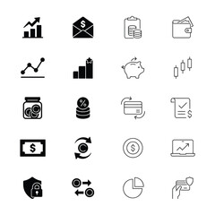 Fototapeta premium Money and finance icons with banking, payments, savings, investment and income concepts. Black filled symbols for financial apps, fintech, business dashboards, accounting and corporate projects.
