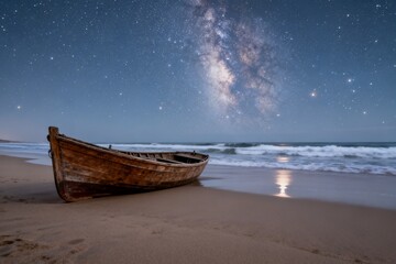 Obraz premium Wooden boat on beach under starry sky