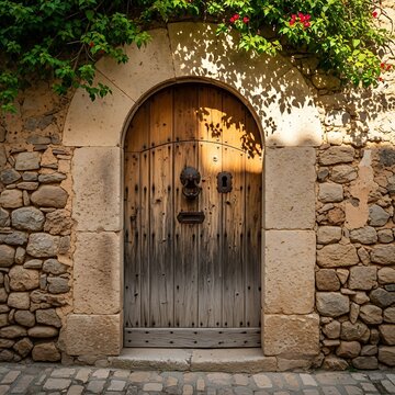 Ancient stone archway leading to lush garden pathway.