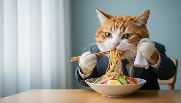 Thinking cat businessman eating delicious noodles for lunch
