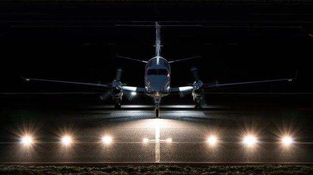 Twin engine turboprop aircraft on runway at night with lights