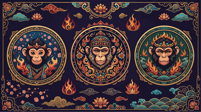 Decorative vector illustration featuring three stylized monkey portraits framed in ornate circles with traditional asian patterns and vibrant fire elements