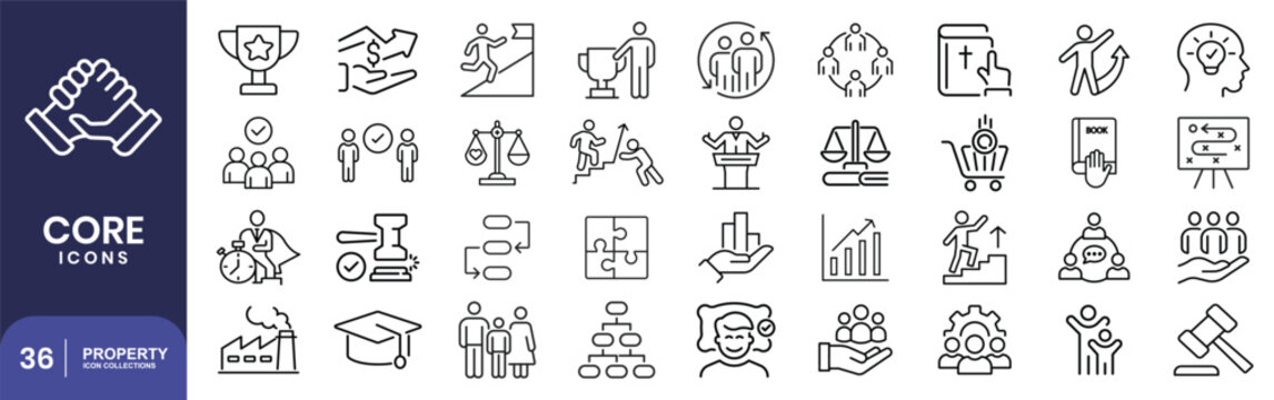 Core Values icon set. Ethics and business principle related line icons. integrity, honesty, respect, responsibility, teamwork, innovation, trust, vision and more. Editable stroke.