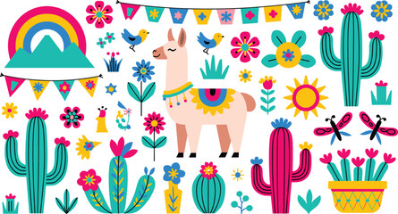 Cute llama clipart set featuring colorful desert elements cactus flowers birds rainbow bunting and mexican fiesta themed vector icons © Yesrath Hasan Sobuj