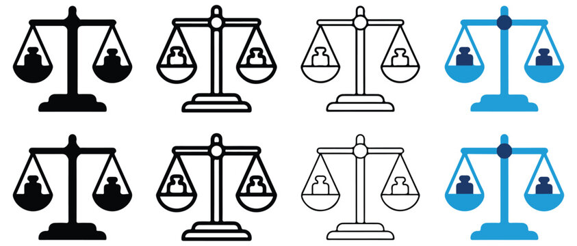 scales with people icons on plates in different colors and styles for design and infographics  various balance illustrations
