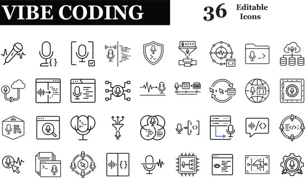 Vibe Coding Black Outline Icon Set - Vector Line Art Voice Dictation Software Engineering Natural Language Programming Developer Tools
