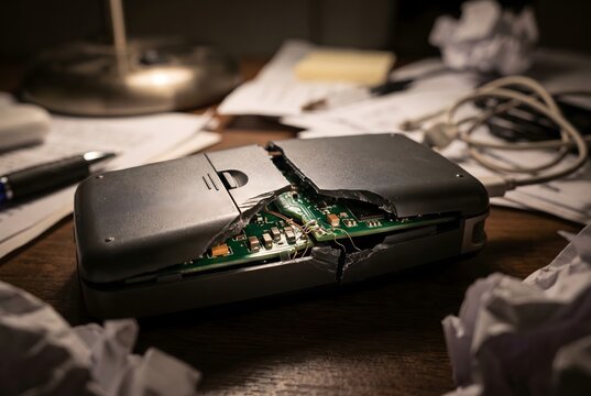 Macro close up of a snapped plastic casing on a digital voice recorder exposing the circuit board