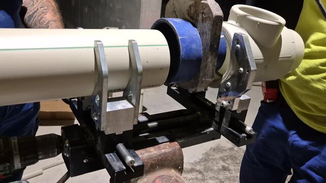 Slow motion of worker pulling heated PPR pipe and fitting from socket fusion welding machine.