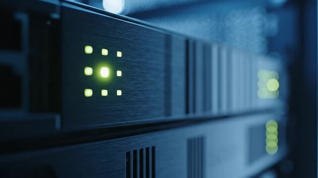Black Server Rack Hardware with Glowing Green Indicators in Cool 9000K Ambient Data Center Light