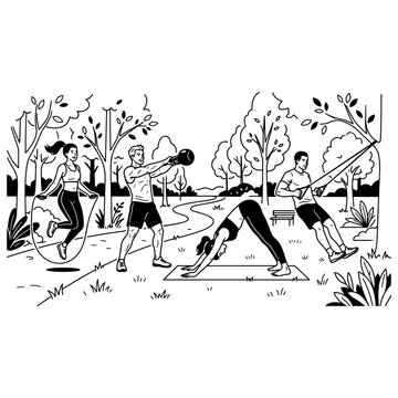 People exercising and working out in a public park vector line art illustration of outdoor fitness and healthy lifestyle