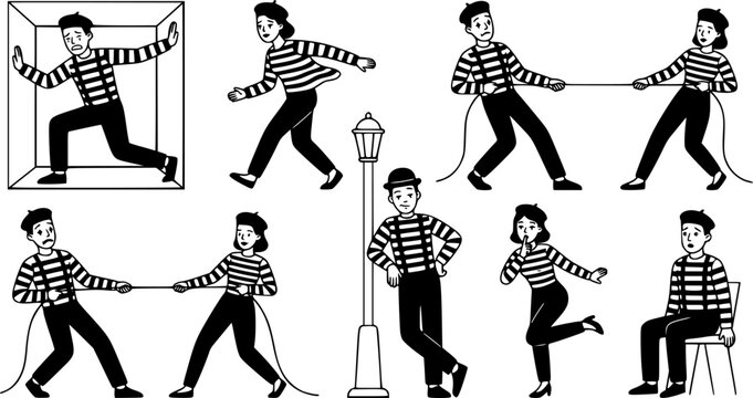 Mimes characters. Silent actors, pantomime and comedy performing, funny mimic poses. Male and female mimes characters vector illustration set