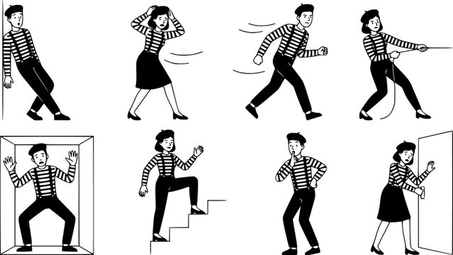 Mimes characters. Silent actors, pantomime and comedy performing, funny mimic poses. Male and female mimes characters vector illustration set