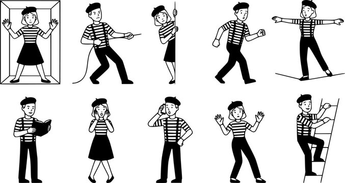Mimes characters. Silent actors, pantomime and comedy performing, funny mimic poses. Male and female mimes characters vector illustration set