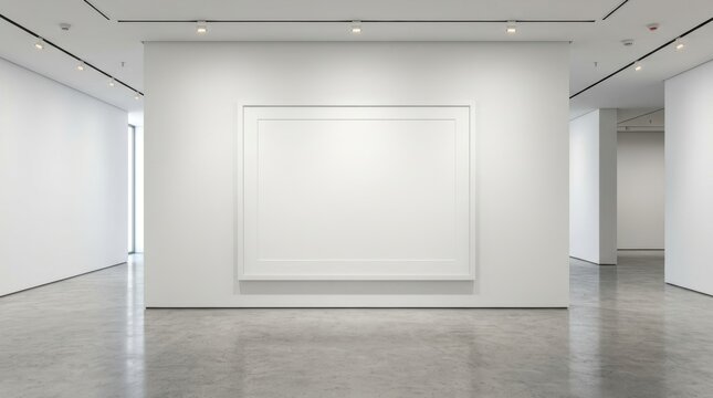 Large empty white frame hanging on wall in modern bright art gallery with polished concrete.