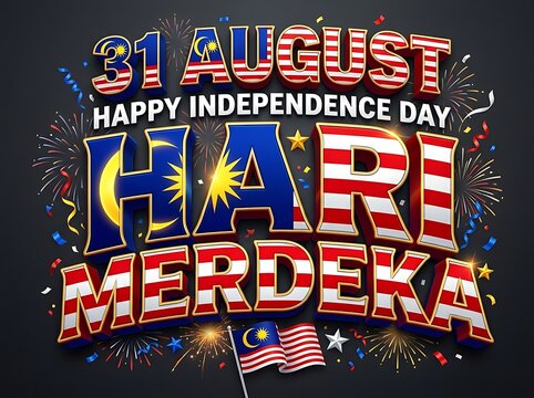 31 august hari merdeka malaysia independence day 3d text design with fireworks and national flag
