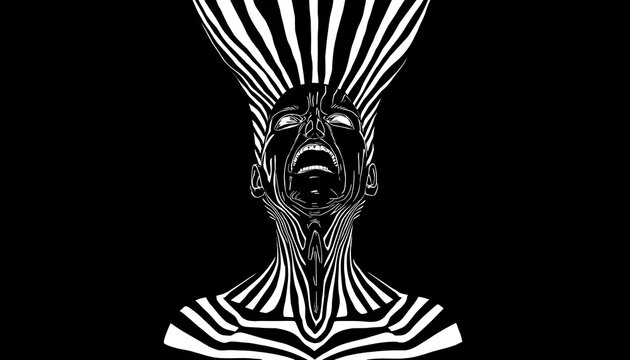Surreal Black and White Optical Art Illustration of Screaming Figure with Warp Lines Representing Mental Agony, Psychosis, and Bipolar Mania