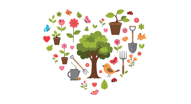 Heart shape garden design collection with a green tree, flowers, birds, ladybugs, and gardening tools on white.