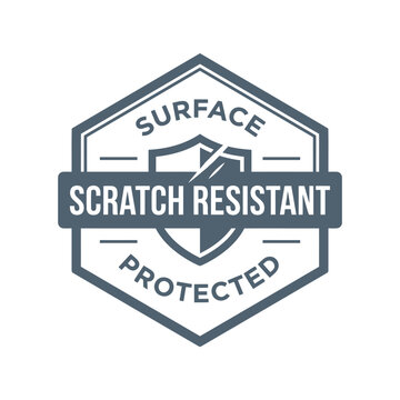 Scratch resistant surface stamp seal. Protective shield icon for durable product quality assurance.