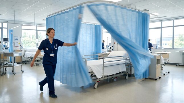Female nurse closing blue hospital privacy curtain in clinic ward