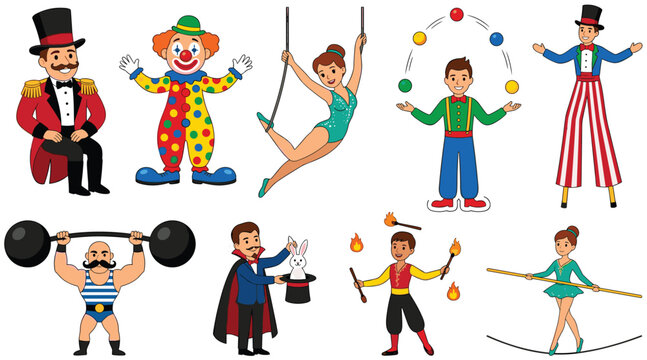 Circus Performer Collection with Ringmaster, Clown, Acrobat, Juggler, Stilt Walker, Strongman, Magician, Fire Performer, and Vector Illustration Set