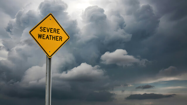 A yellow road sign with severe weather text against dark storm clouds
