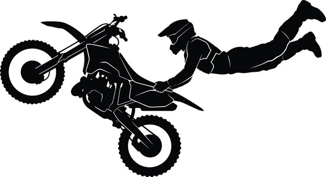 Black silhouette of an extreme freestyle motocross rider performing a stunt isolated on white background