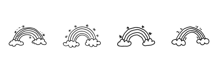 Obraz premium Rainbow And Cloud Hand Drawn Doodle Icon Set. Weather, Hope, Joy And Sky Symbol Collection. Nature And Seasonal. Isolated Vector Illustration
