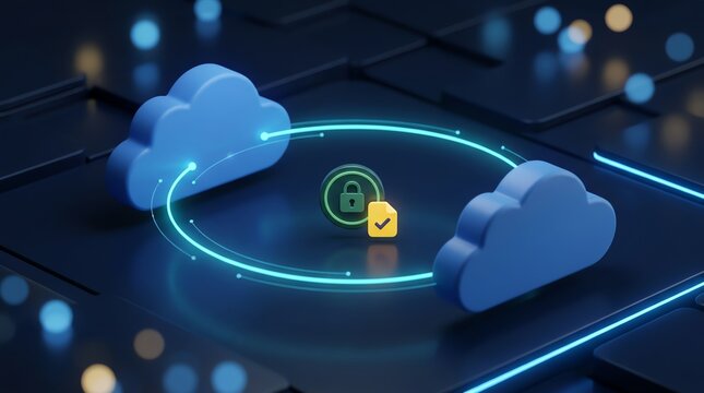 Blue 3d cloud computing icon with a digital security padlock and document symbol representing secure cloud storage and data protection technology