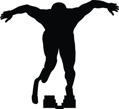 Male parathlete silhouette starting a race from blocks with prosthetic leg isolated on white background vector illustration